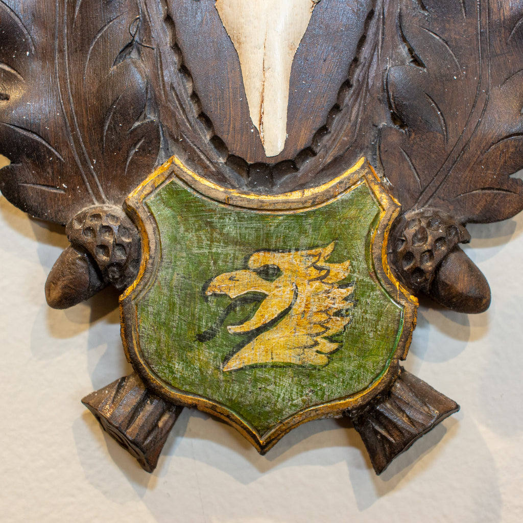 19th c Austrian Roe Deer Trophies on Original Black Forest Plaques with Heraldic Austrian Crests