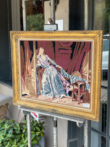 Vintage French Embroidered Art in Gilt Frame | 31 x 25