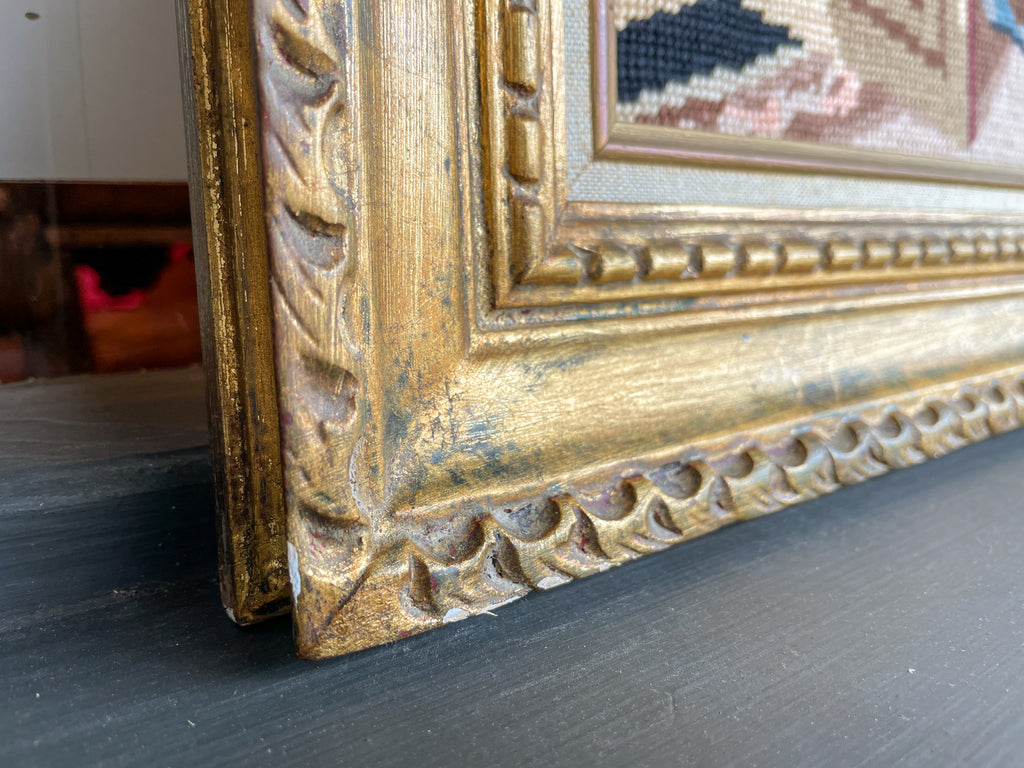 Vintage French Embroidered Art in Gilt Frame | 31 x 25