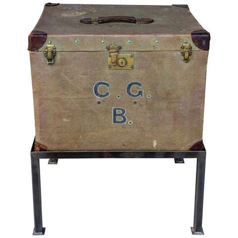 Antique English Luggage Trunk Side Table with Iron Base