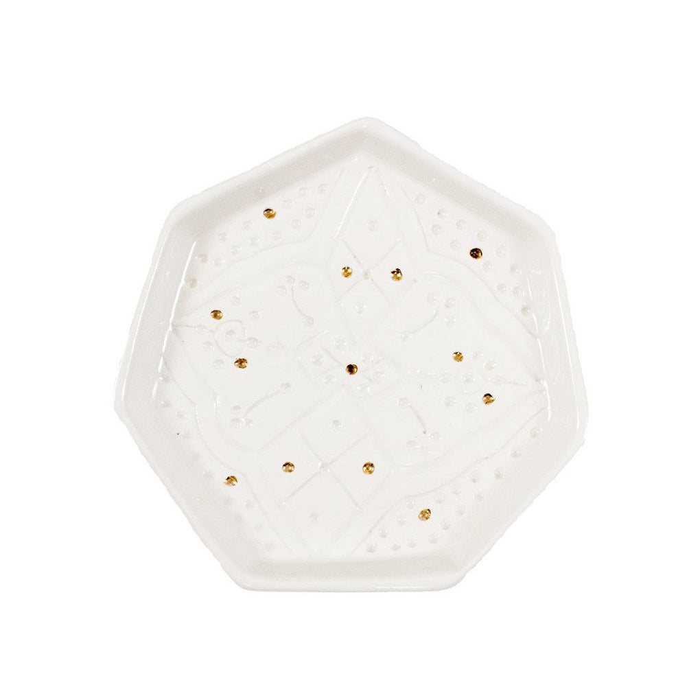 Handmade Moroccan Ceramic Hex Tray in Engraved White & Gold