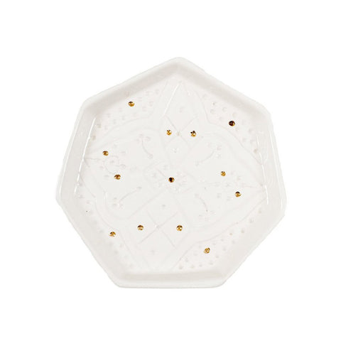 Handmade Moroccan Ceramic Hex Tray in Engraved White & Gold