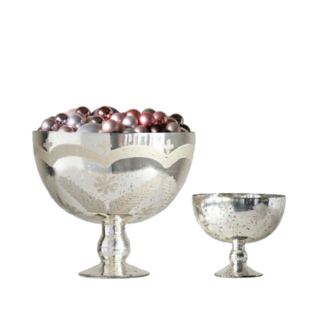 Etched Mercury Glass Footed Bowls | Two Sizes