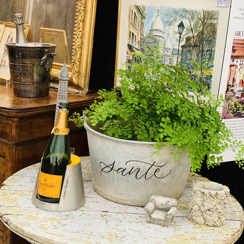 Vintage French Zinc Bucket with Custom "Santé" Calligraphy