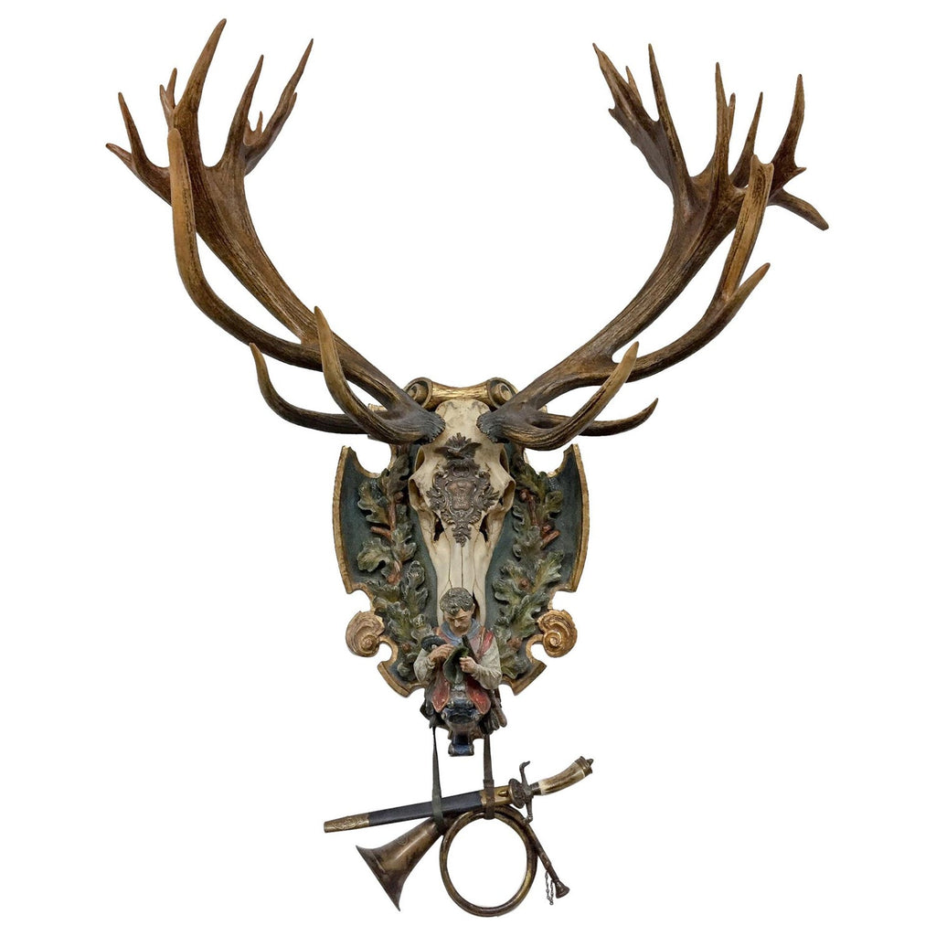 German Red Stag Trophy on Hand Carved Polychrome Black Forest Plaque
