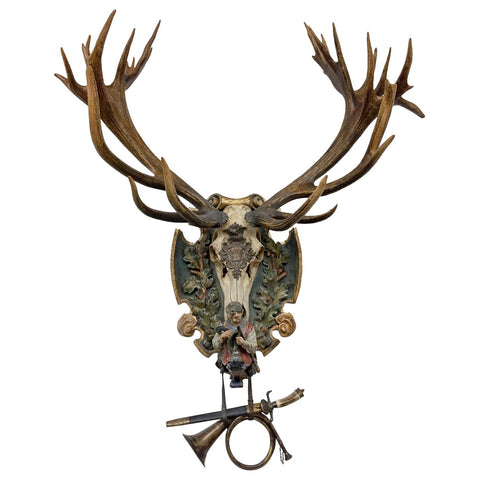 German Red Stag Trophy on Hand Carved Polychrome Black Forest Plaque