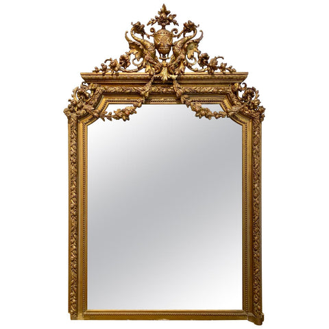 Antique French Gilt Mirror with Swag Detail and Ornate Cartouche