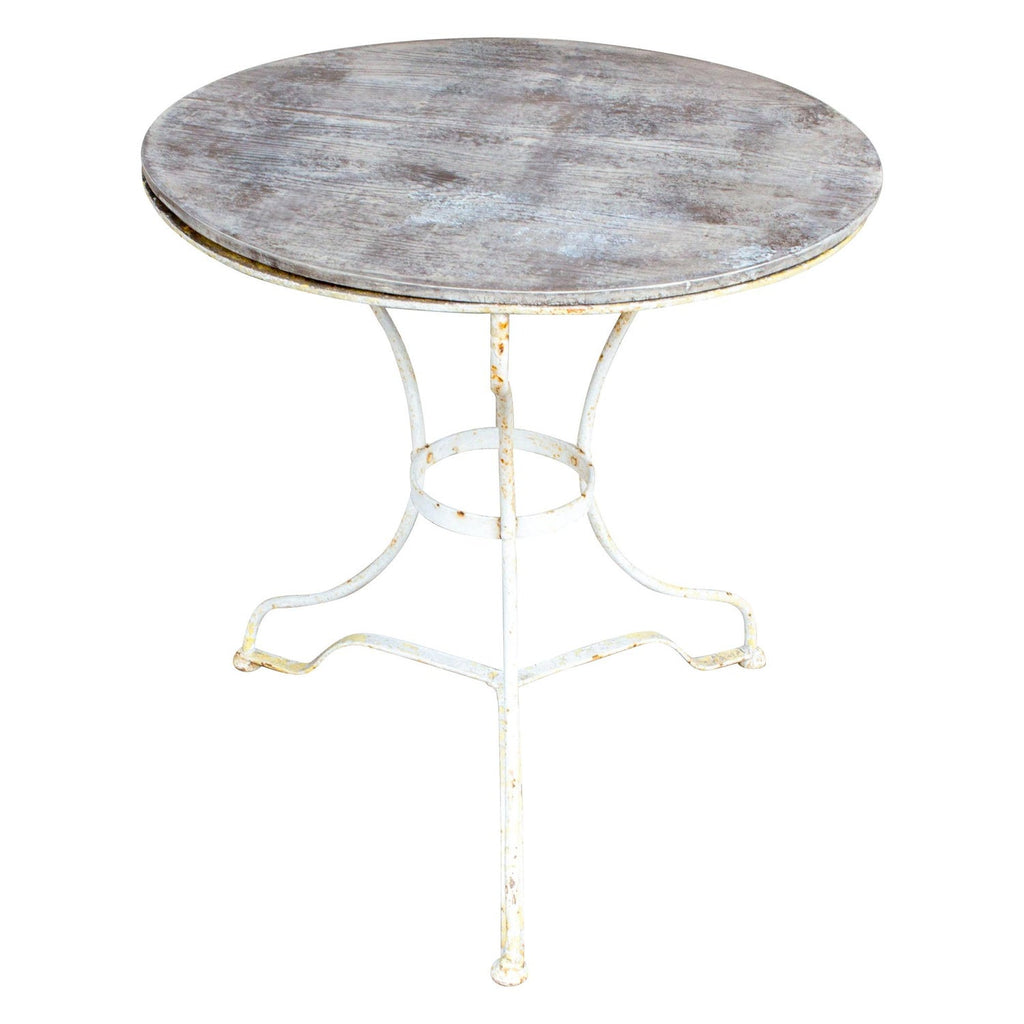 Antique French Painted Iron Bistro Table with Wood Top in Greige