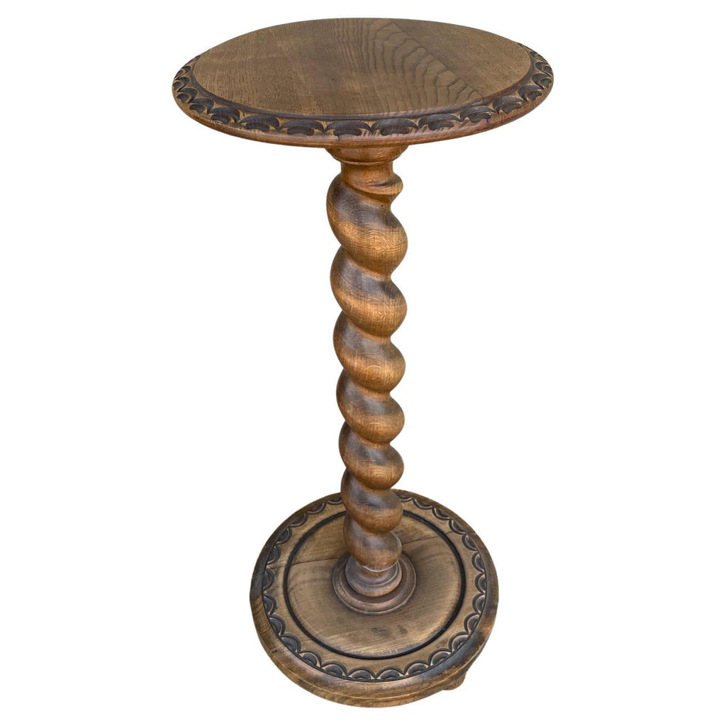 Antique French Oak Barley Twist Side Table with Decorative Carvings
