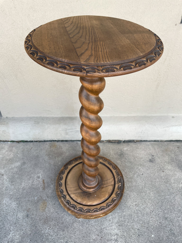 Antique French Oak Barley Twist Side Table with Decorative Carvings
