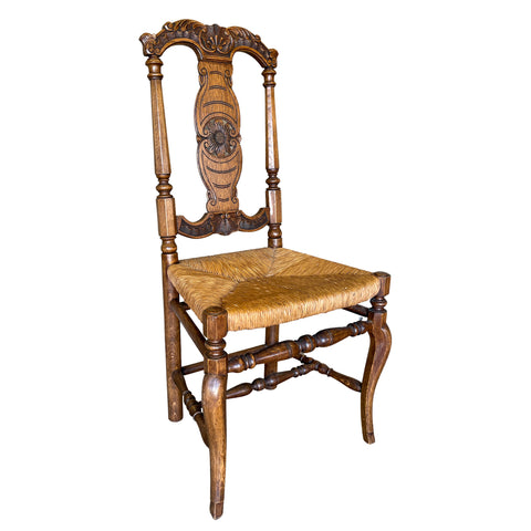 1920s French Oak Dining Chairs with Detailed Carvings & Rush Seats | Set of 6