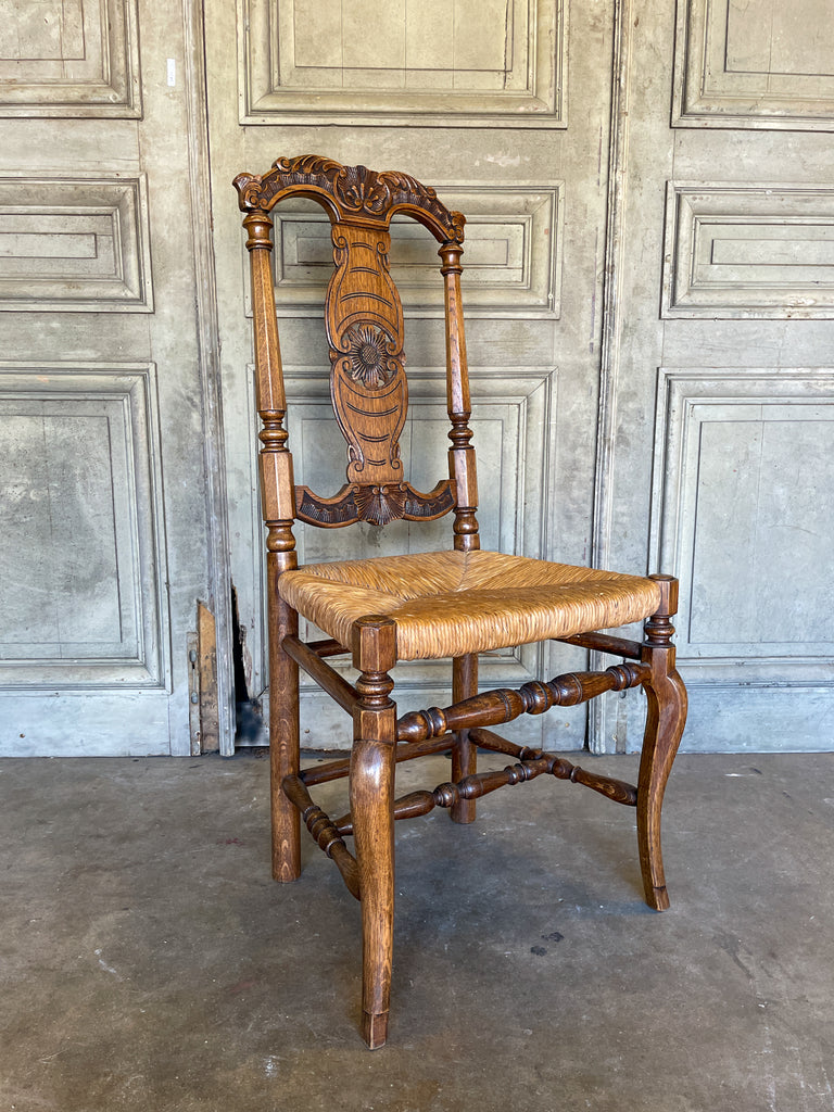 1920s French Oak Dining Chairs with Detailed Carvings & Rush Seats | Set of 6