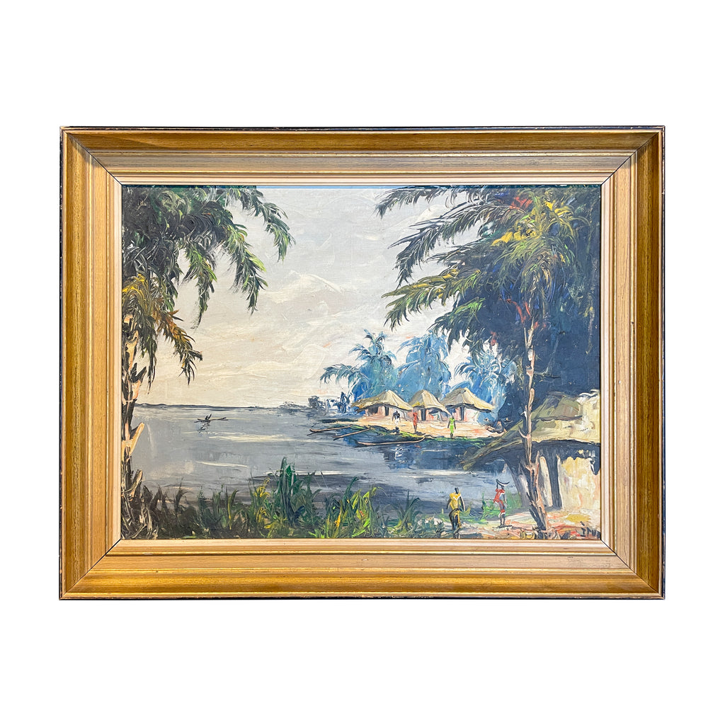 Antique Framed Painting of French Polynesian Island Scene found in France | 33 x 26