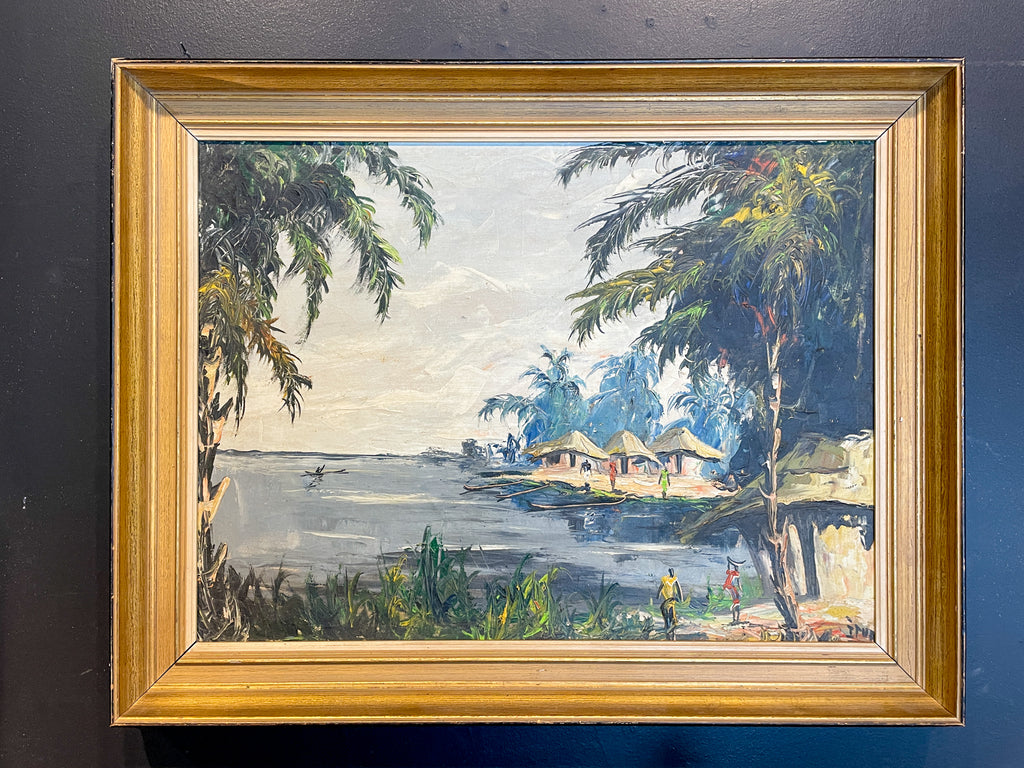 Antique Framed Painting of French Polynesian Island Scene found in France | 33 x 26