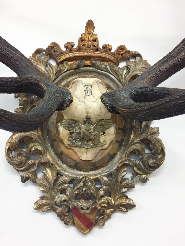 Antique Red Stag Trophy of The Grand Dukes of Baden on Ornate Gilt Plaque