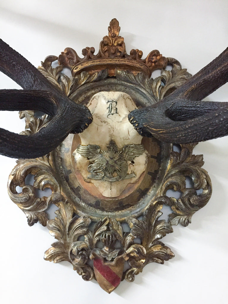 Antique Red Stag Trophy of The Grand Dukes of Baden on Ornate Gilt Plaque