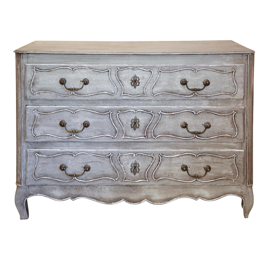 Antique French Hand Painted Commode in Greige and Silver with Carved Drawers