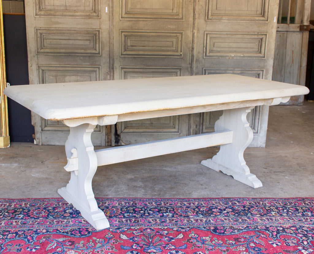 Antique French Oak Trestle Dining Table in Greige Wash