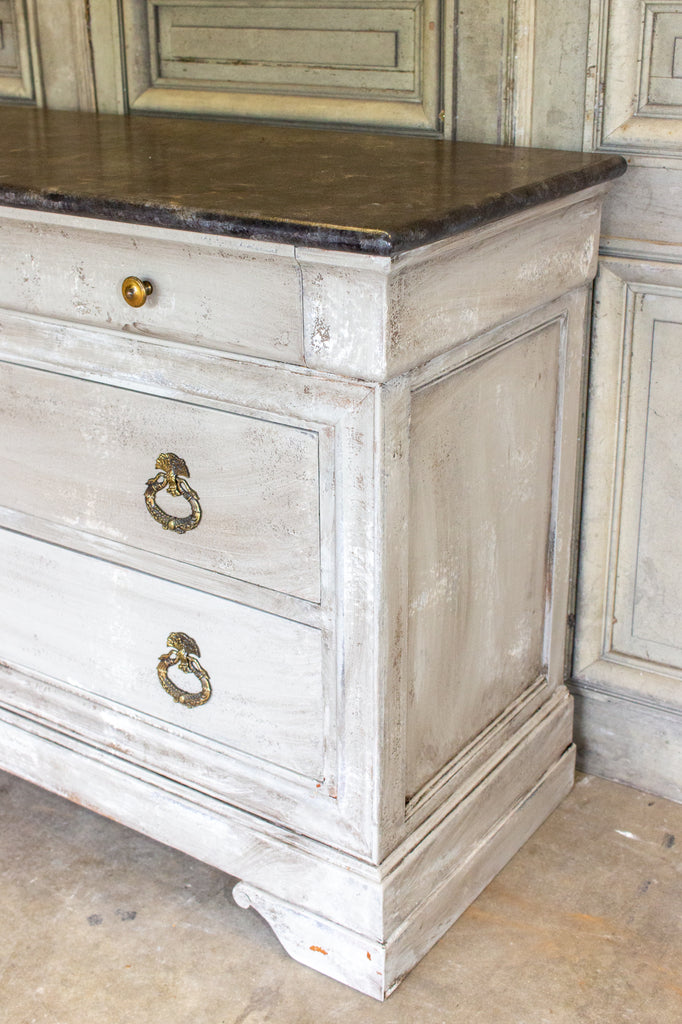 Vintage French Hand-Painted Commode with Three Drawers & Brass Hardware