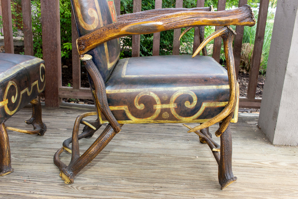 Leather Chair & Ottoman with Austrian Habsburg Antlers & Painted Royal Crest