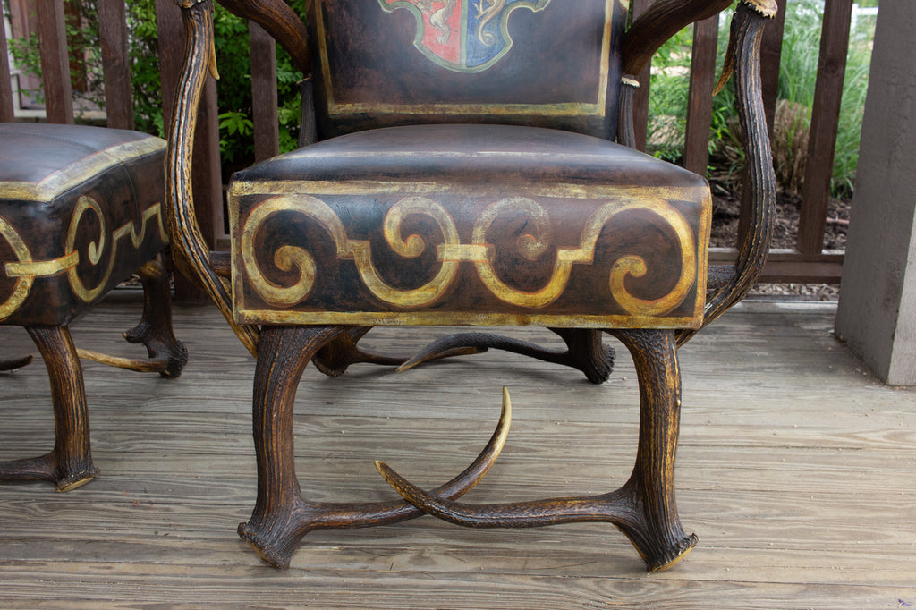 Leather Chair & Ottoman with Austrian Habsburg Antlers & Painted Royal Crest
