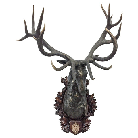 Antique Habsburg Red Stag Trophy on Bronze Shoulder Mount from Eckartsau Castle