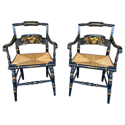 Pair of 1950s American Black and Gold Rush Seat Hitchcock Armchairs