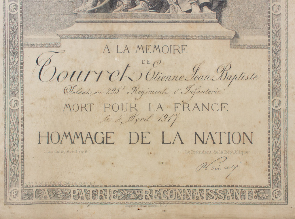 Antique French Framed "Hommage de la Nation" WWI Document