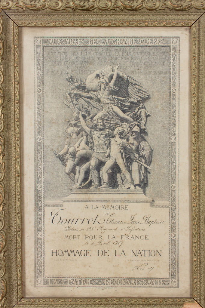 Antique French Framed "Hommage de la Nation" WWI Document