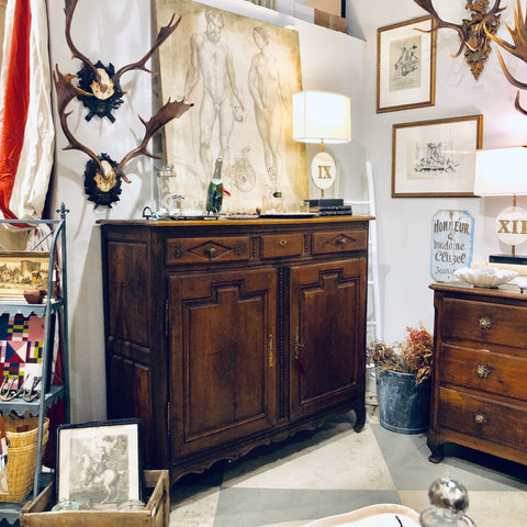 18th c Belgian Tall Wood Buffet Cabinet with Decorative Carvings