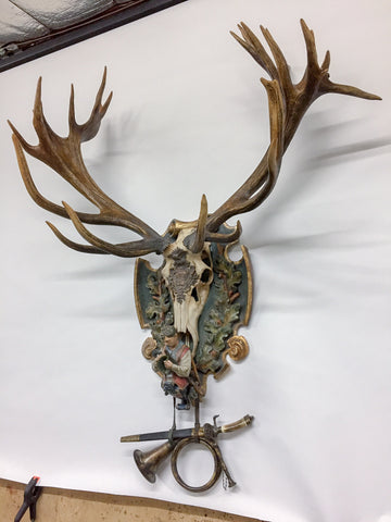German Red Stag Trophy on Hand Carved Polychrome Black Forest Plaque