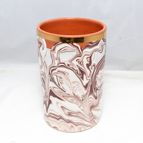 Handmade Marble Glazed Moroccan Cylinder Vase with 12K Gold