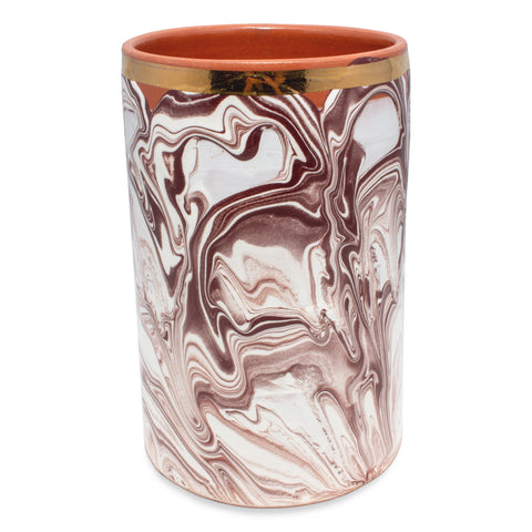 Handmade Marble Glazed Moroccan Cylinder Vase with 12K Gold