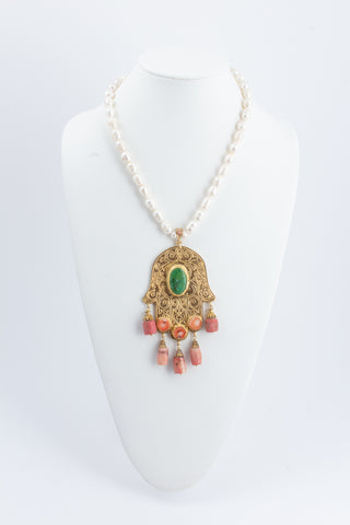 Handmade Pearl & Coral Hamsa Pendant Statement Necklace from Istanbul