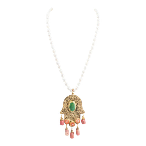 Handmade Pearl & Coral Hamsa Pendant Statement Necklace from Istanbul