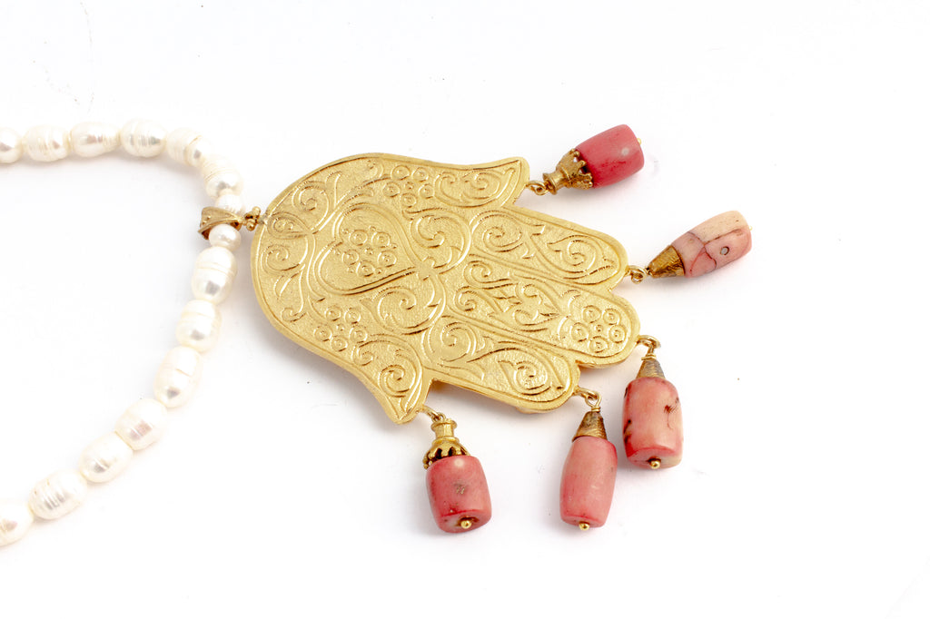 Handmade Pearl & Coral Hamsa Pendant Statement Necklace from Istanbul