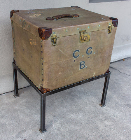 Antique English Luggage Trunk Side Table with Iron Base