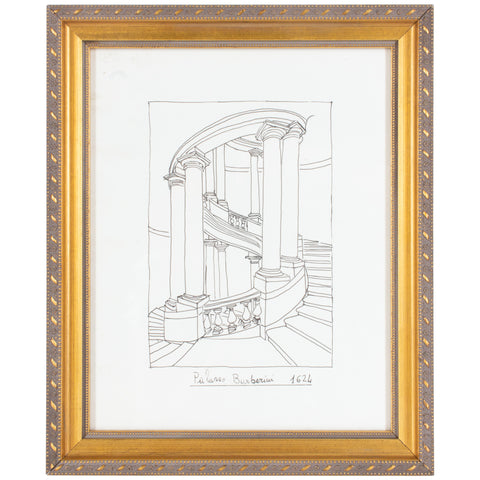 Vintage Italian Architectural Drawing in Gilt Frame