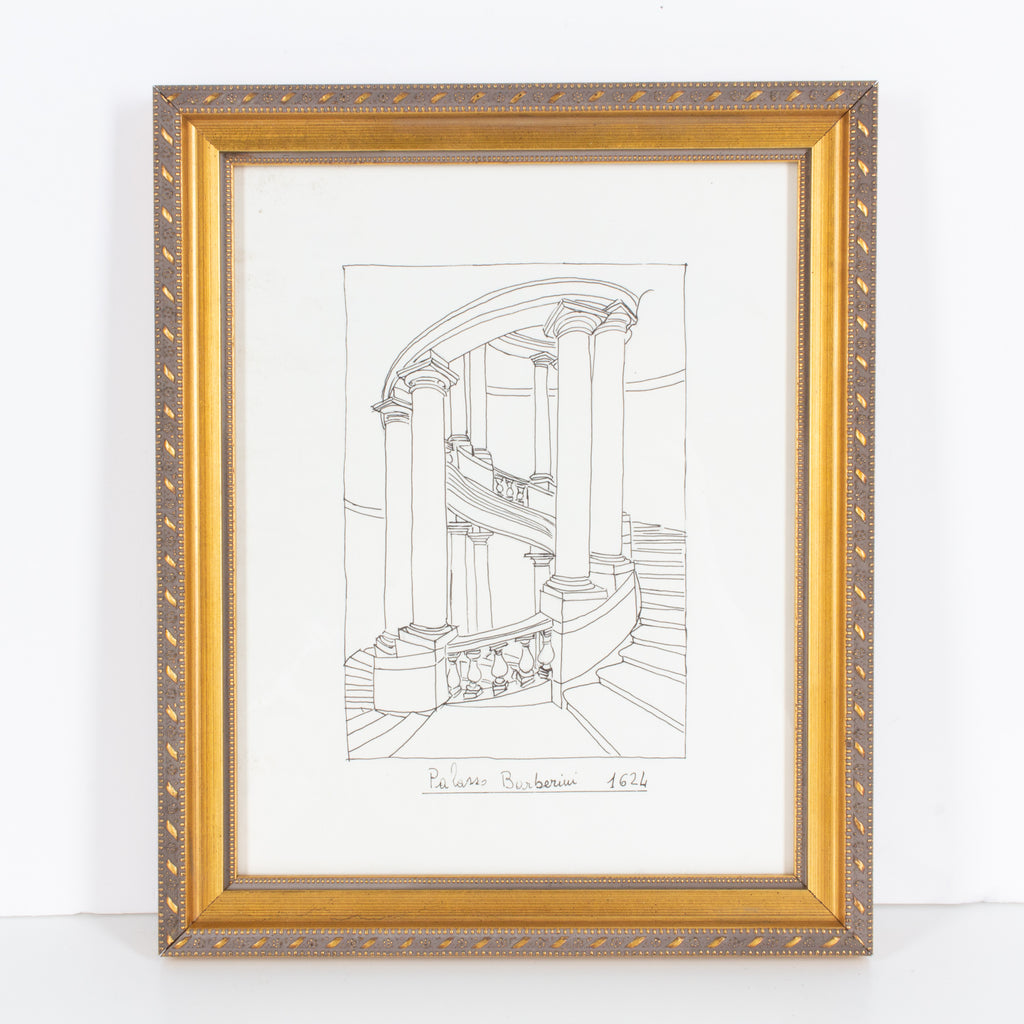 Vintage Italian Architectural Drawing in Gilt Frame