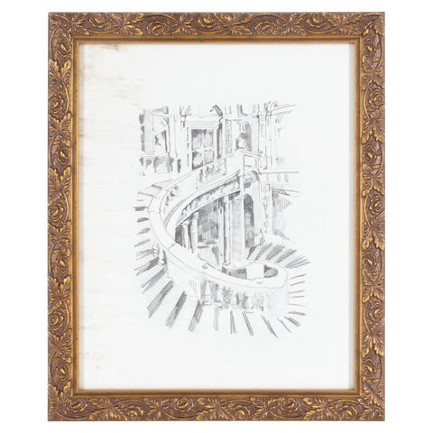 Vintage Italian Architectural Drawing in Gilt Frame