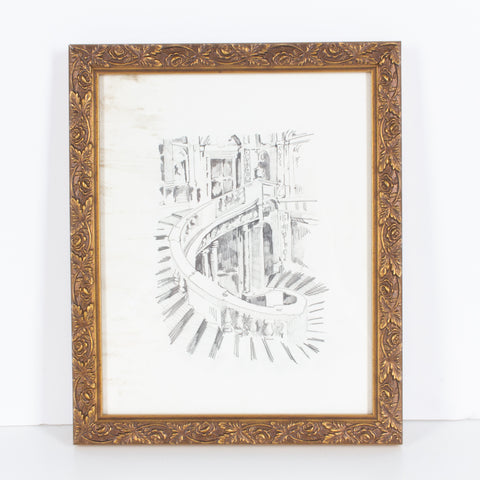 Vintage Italian Architectural Drawing in Gilt Frame