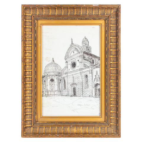 Vintage Italian Architectural Drawing in Gilt Frame