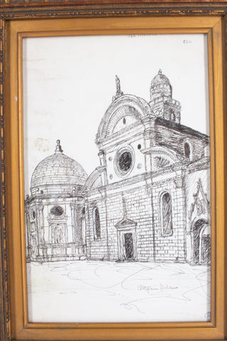 Vintage Italian Architectural Drawing in Gilt Frame