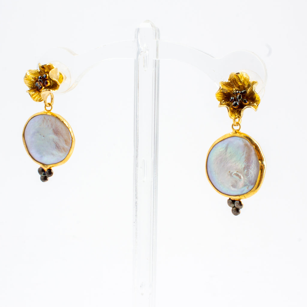 Handmade Gold Flower Bloom & Natural Pearl Drop Earrings from Istanbul