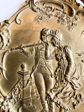 Antique Brass Fragment with Couple Using Telescope