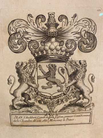 18th Century French Coat of Arms Etching of Jean D'audibert, Comte De Lussan