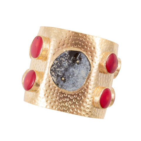Handmade Natural Stone & Brass Turkish Cuff with Red Coral