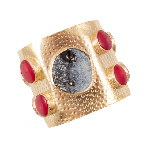 Handmade Natural Stone & Brass Turkish Cuff with Red Coral