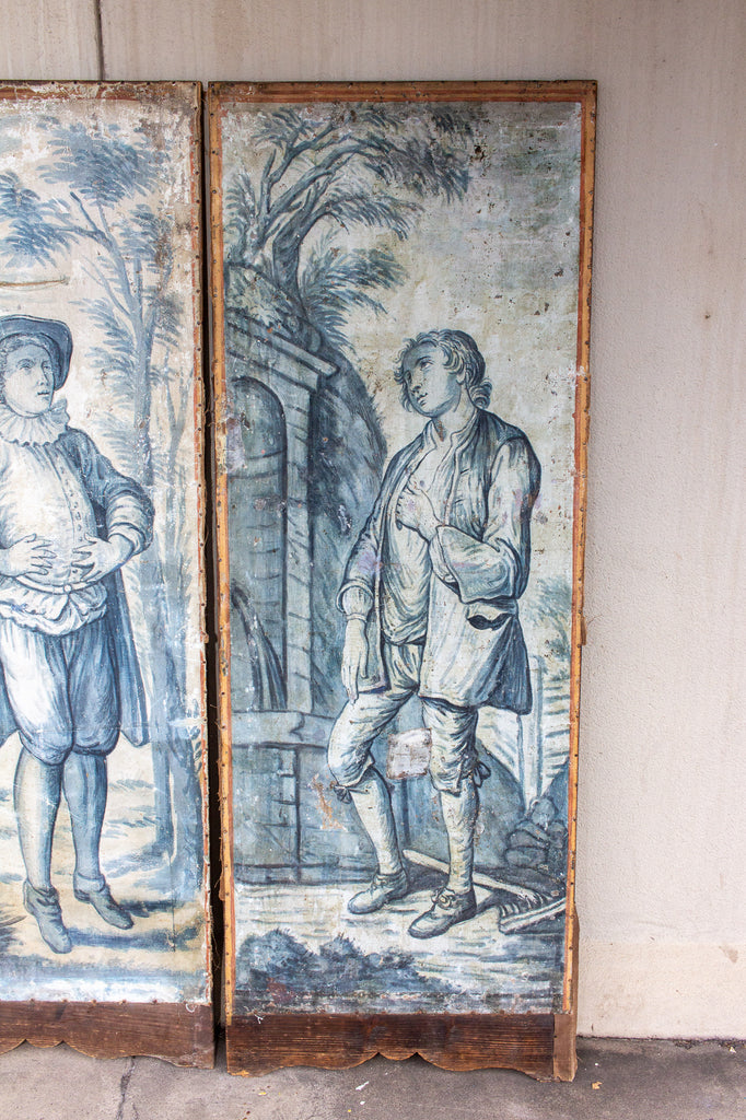Early 19th Century French Painted Screen Panels in Blue and White