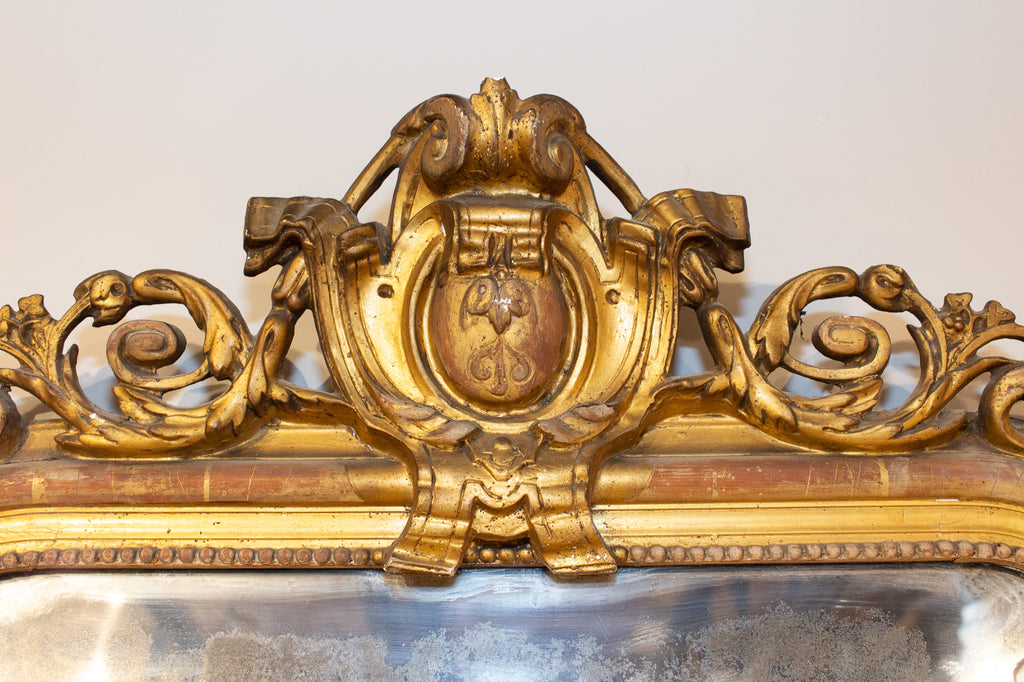 Antique French Louis Philippe Gilt Mirror with Scroll Cartouche Detail
